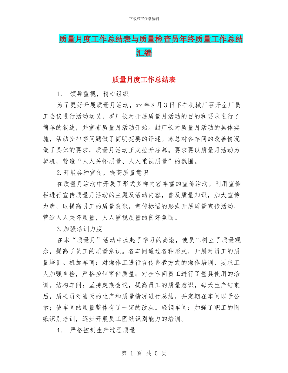 质量月度工作总结表与质量检查员年终质量工作总结汇编_第1页