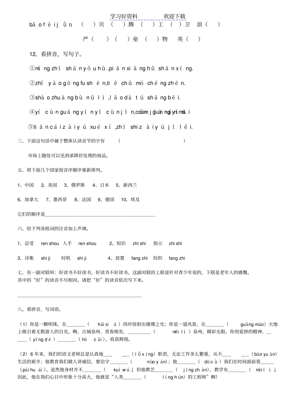 小学毕业复习拼音练习题_第2页