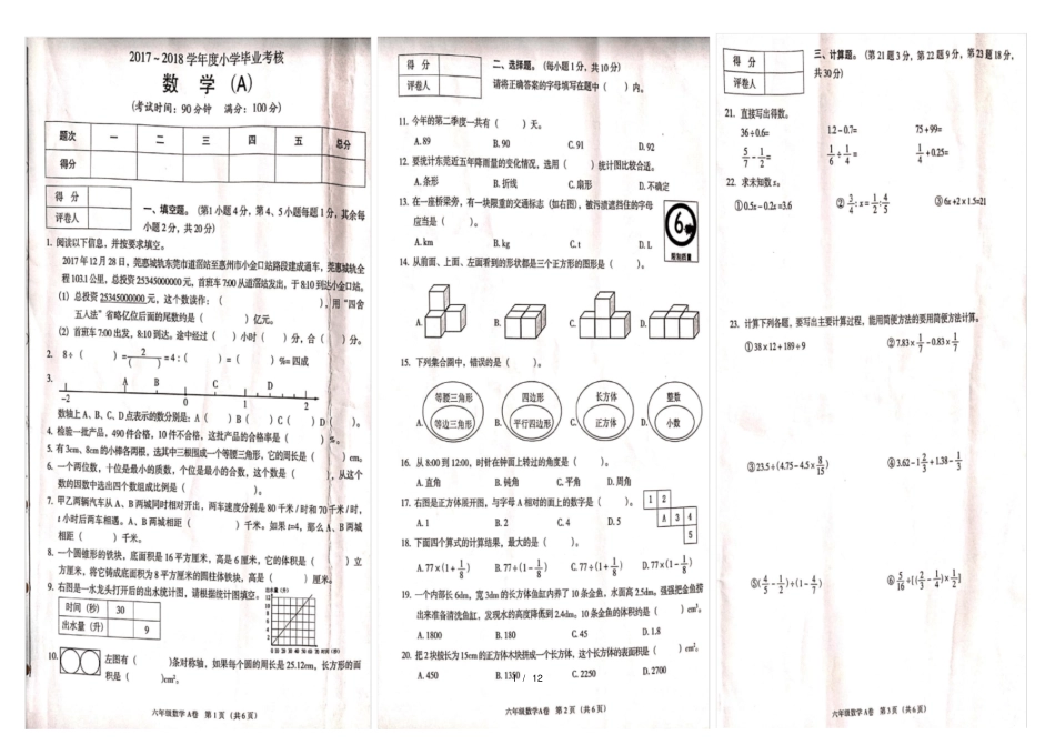 小学毕业考核数学试卷东莞6张_第1页