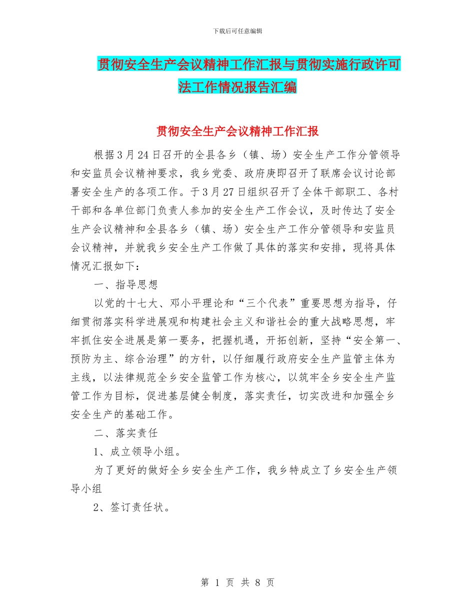 贯彻安全生产会议精神工作汇报与贯彻实施行政许可法工作情况报告汇编_第1页