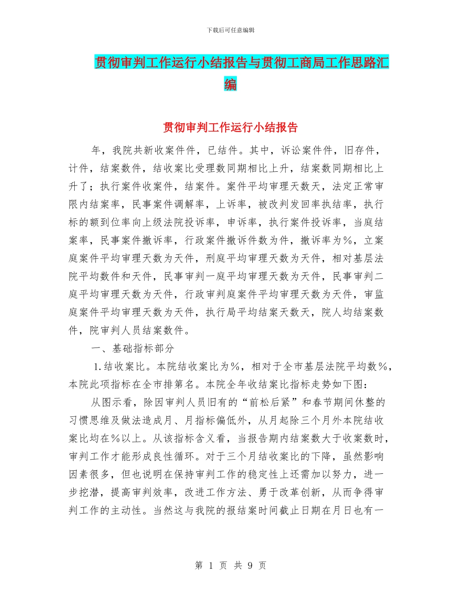 贯彻审判工作运行小结报告与贯彻工商局工作思路汇编_第1页