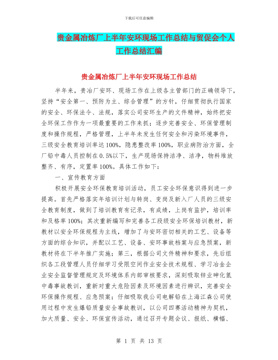 贵金属冶炼厂上半年安环现场工作总结与贸促会个人工作总结汇编_第1页