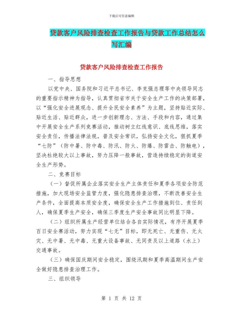 贷款客户风险排查检查工作报告与贷款工作总结怎么写汇编_第1页