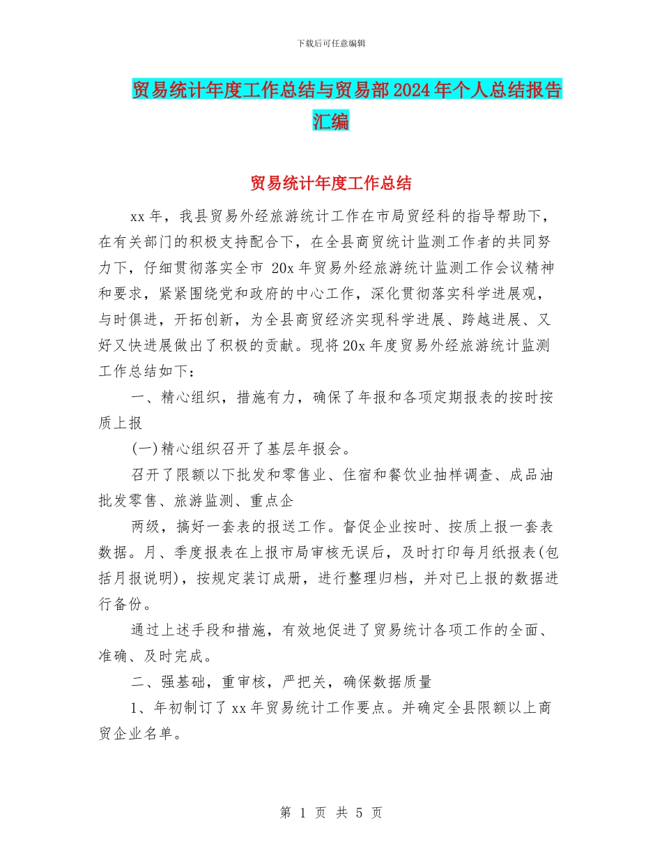 贸易统计年度工作总结与贸易部2024年个人总结报告汇编_第1页