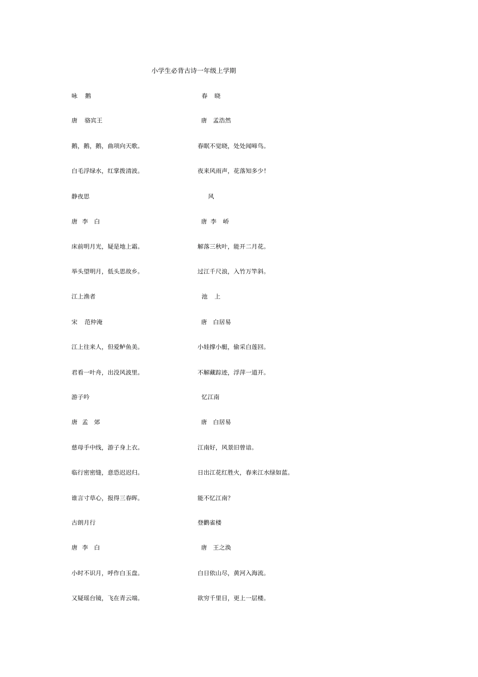 小学生各年级必背古诗汇总_第1页