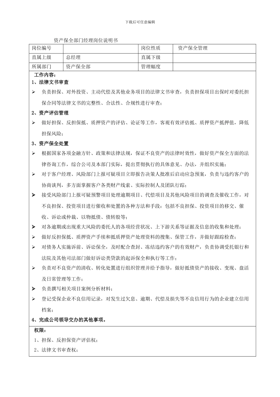 资产保全部门经理岗位职责说明书_第1页