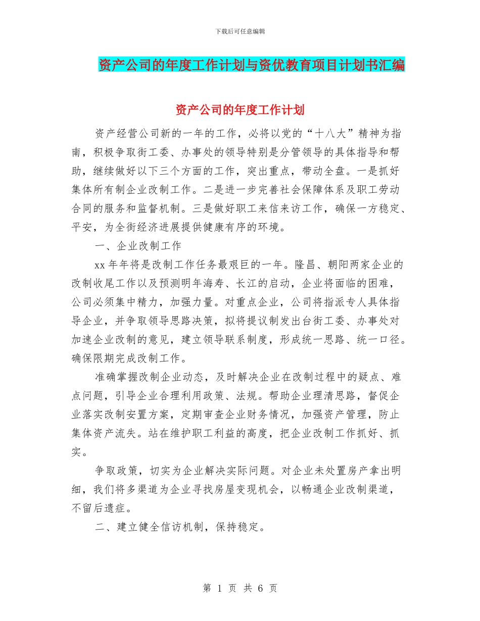 资产公司的年度工作计划与资优教育项目计划书汇编_第1页
