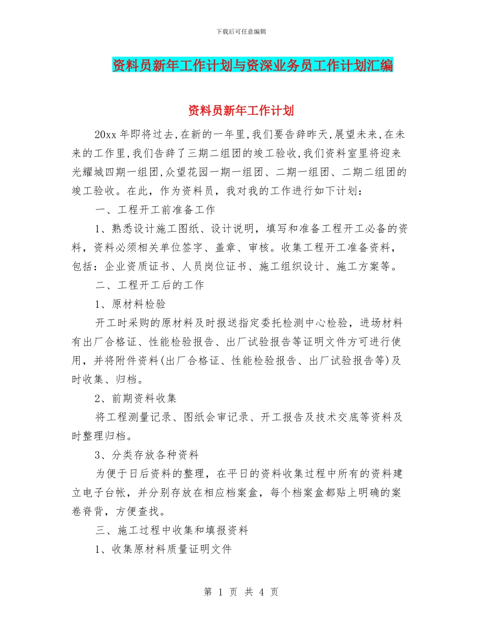 资料员新年工作计划与资深业务员工作计划汇编_第1页