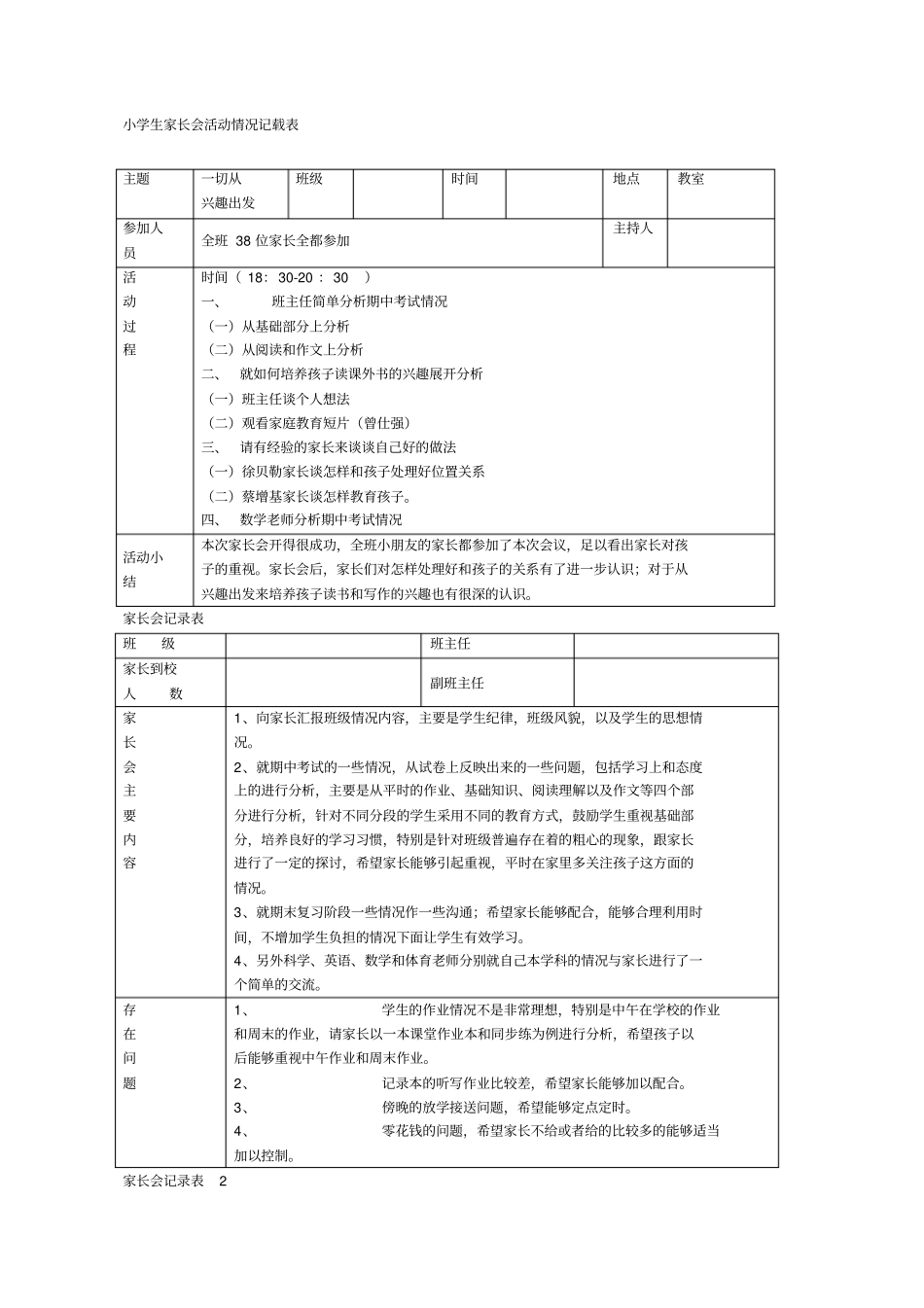 小学生家长会活动情况记录表_第1页