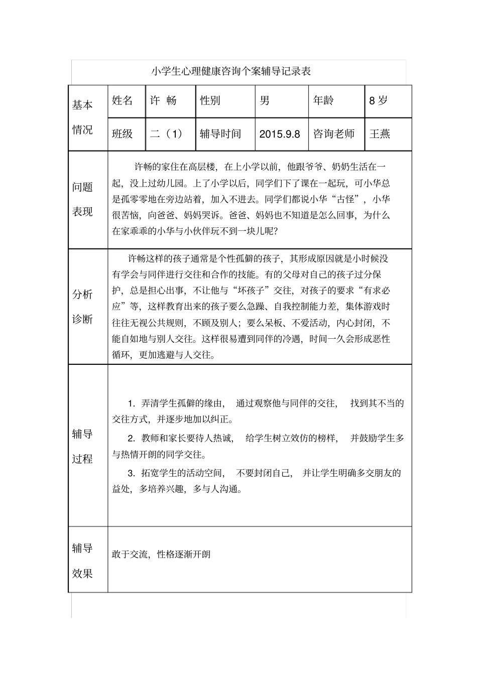 小学生心理健康咨询个案辅导记录表_第1页