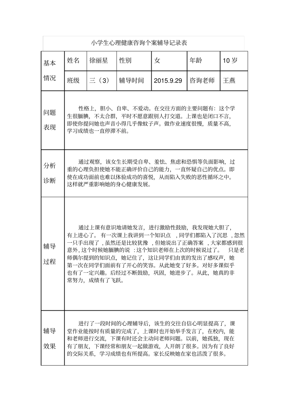 小学生心理健康咨询个案辅导记录表_第2页