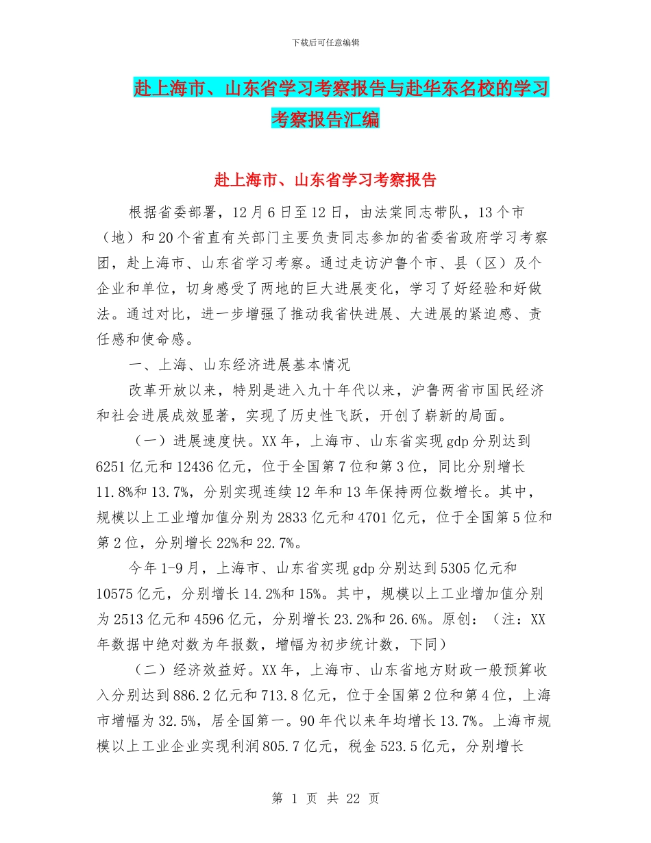 赴上海市、山东省学习考察报告与赴华东名校的学习考察报告汇编_第1页