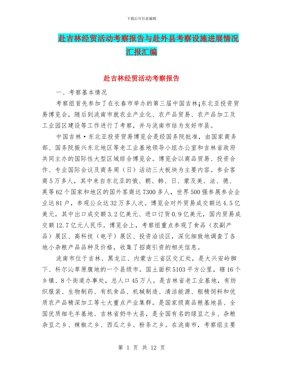 赴吉林经贸活动考察报告与赴外县考察设施发展情况汇报汇编_第1页