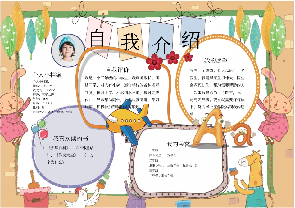 小学生简洁自我介绍小报手抄报模板_第1页