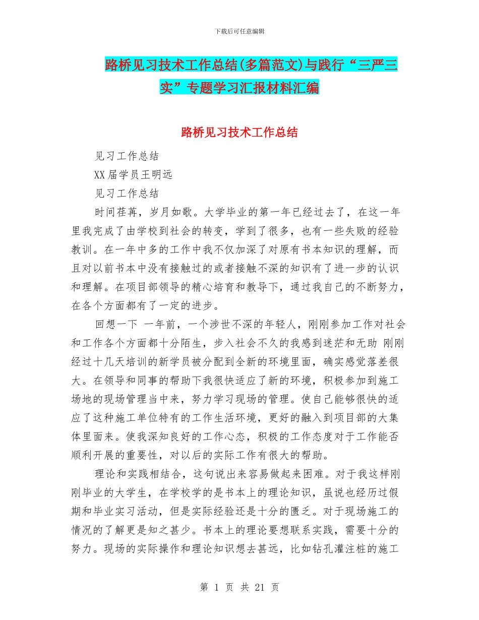 路桥见习技术工作总结与践行“三严三实”专题学习汇报材料汇编_第1页