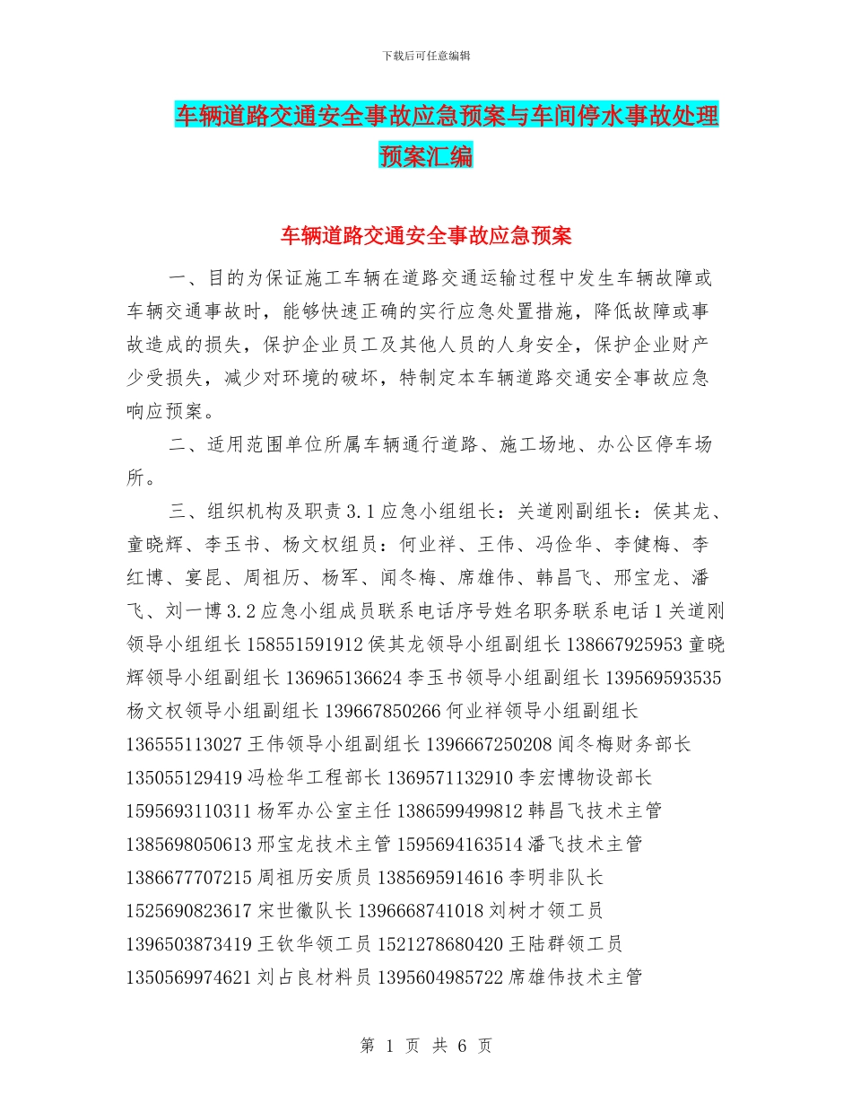 车辆道路交通安全事故应急预案与车间停水事故处理预案汇编_第1页