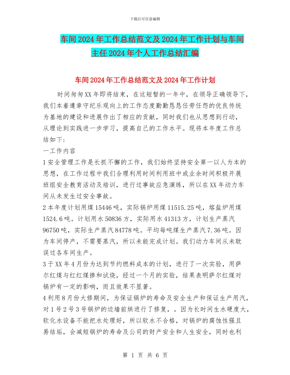 车间2024年工作总结范文及2024年工作计划与车间主任2024年个人工作总结汇编_第1页
