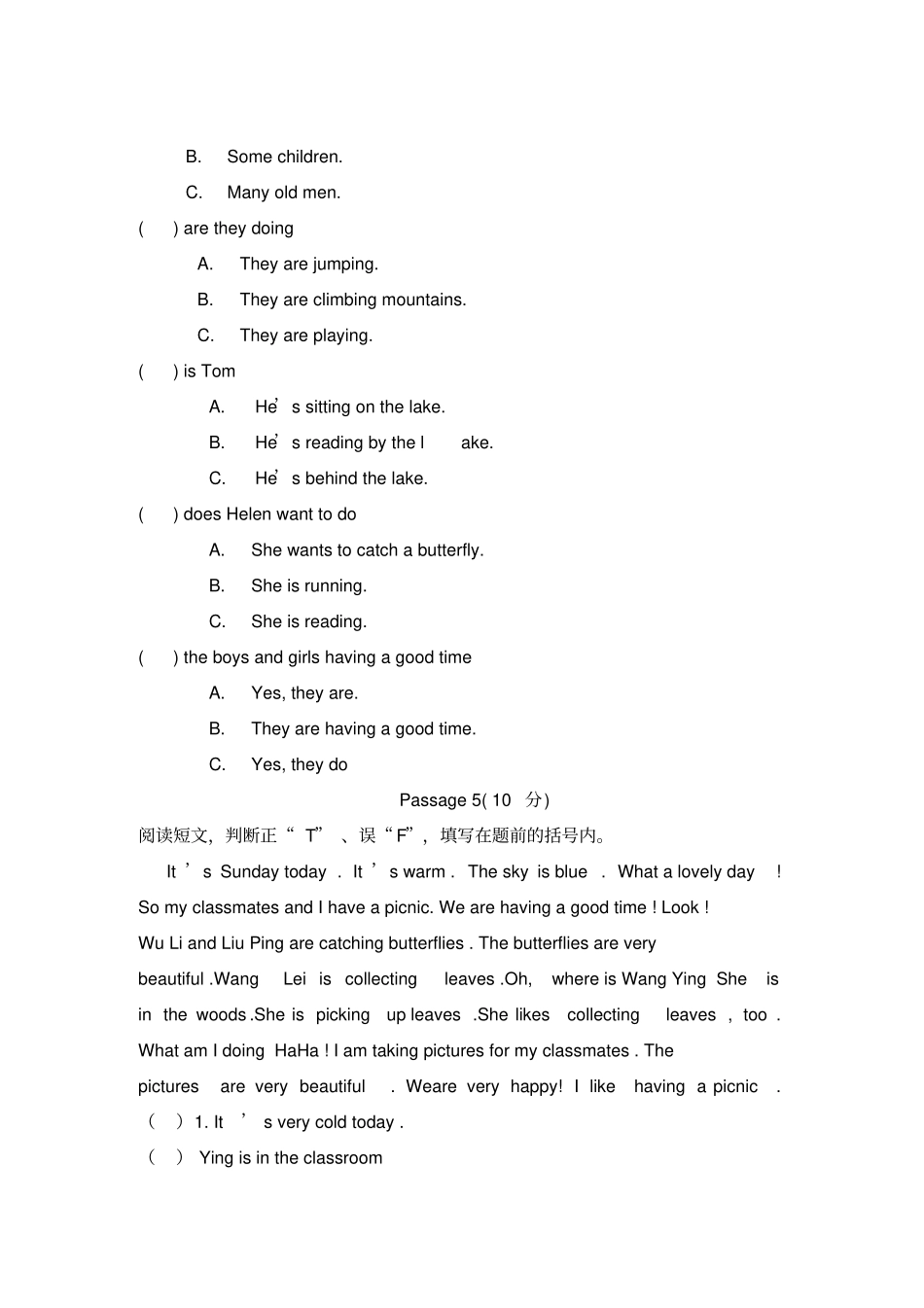 小学英语五年级下册阅读理解专题训练_第3页