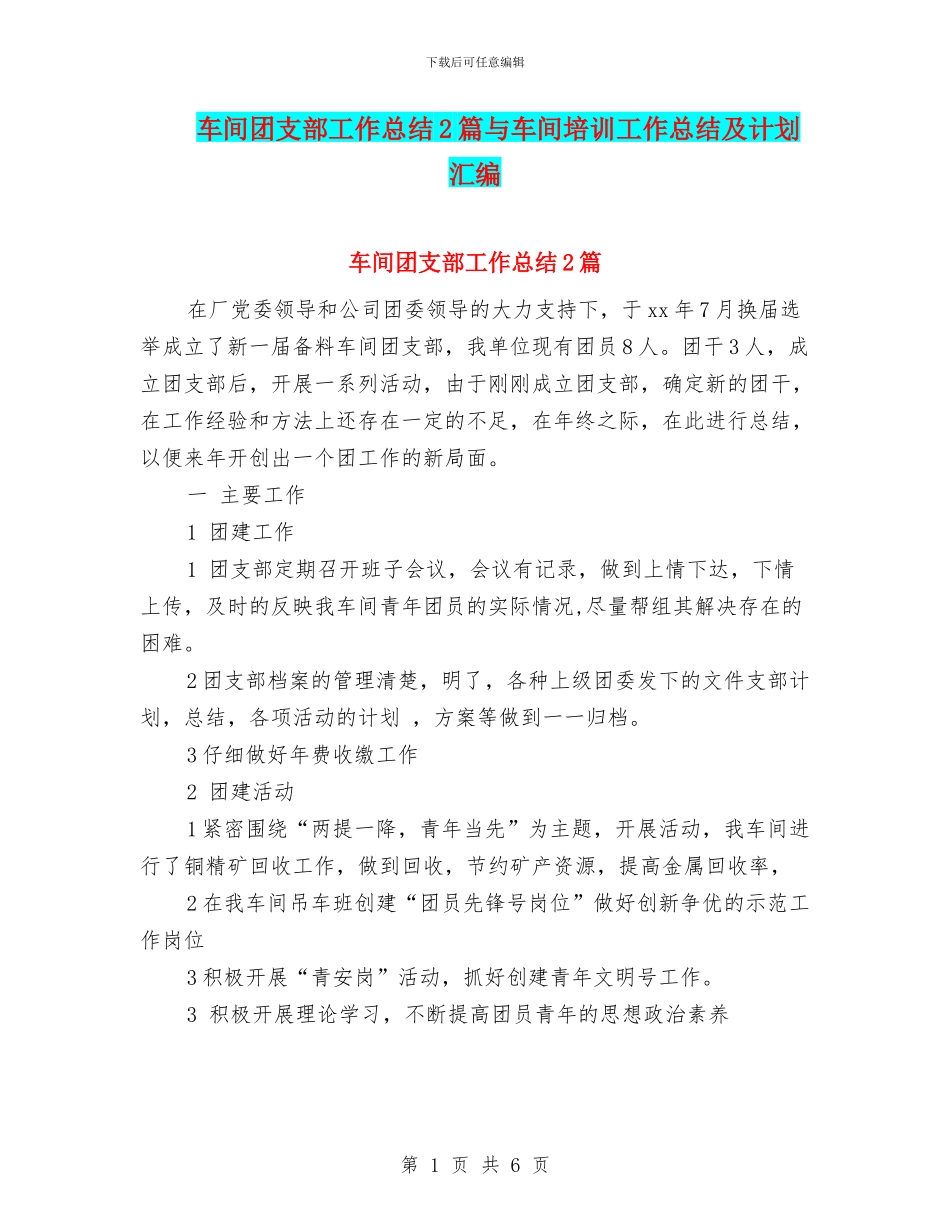 车间团支部工作总结2篇与车间培训工作总结及计划汇编_第1页
