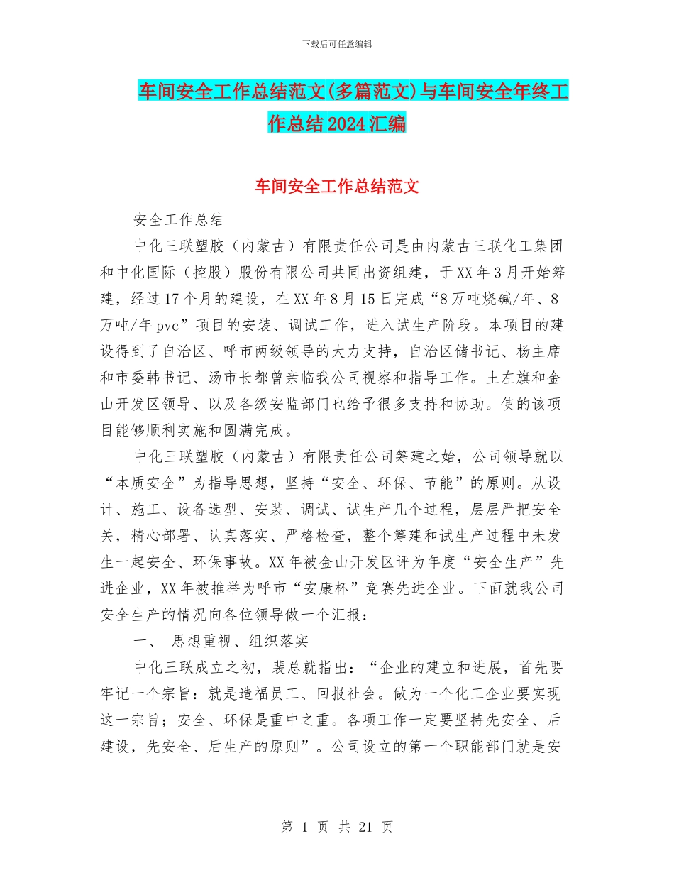 车间安全工作总结范文与车间安全年终工作总结2024汇编_第1页