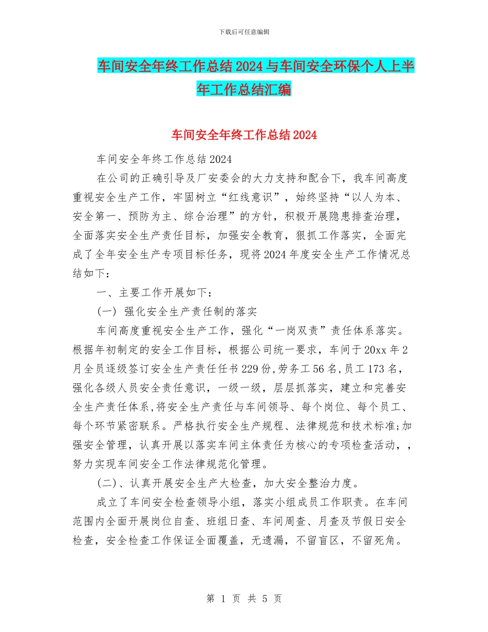 车间安全年终工作总结2024与车间安全环保个人上半年工作总结汇编_第1页