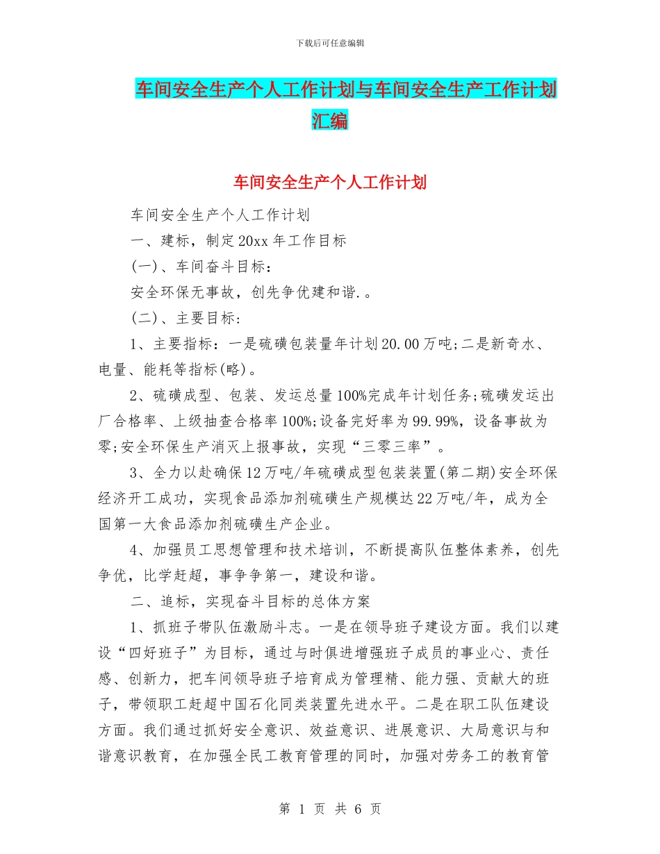 车间安全生产个人工作计划与车间安全生产工作计划汇编_第1页