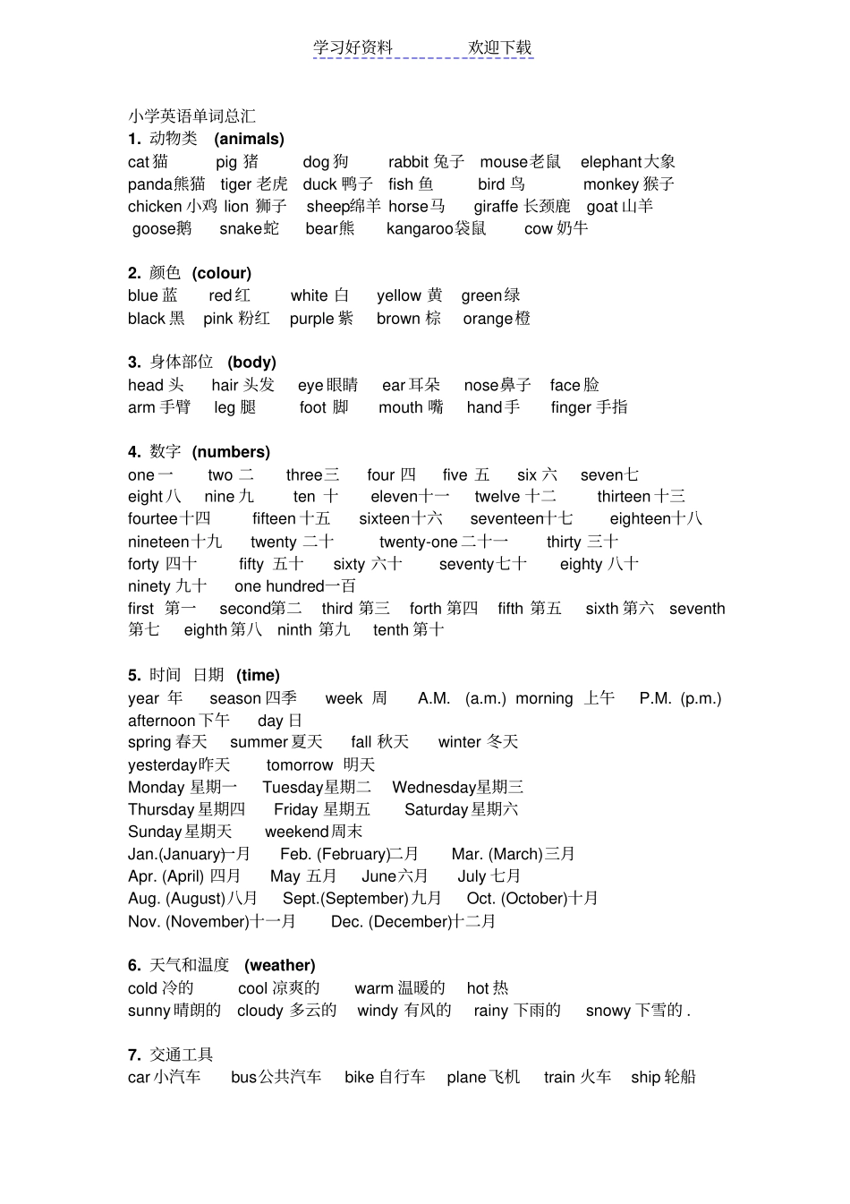 小学英语单词分类,语法点及重点句型_第1页