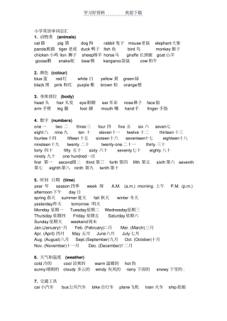 小学英语单词分类,语法点及重点句型