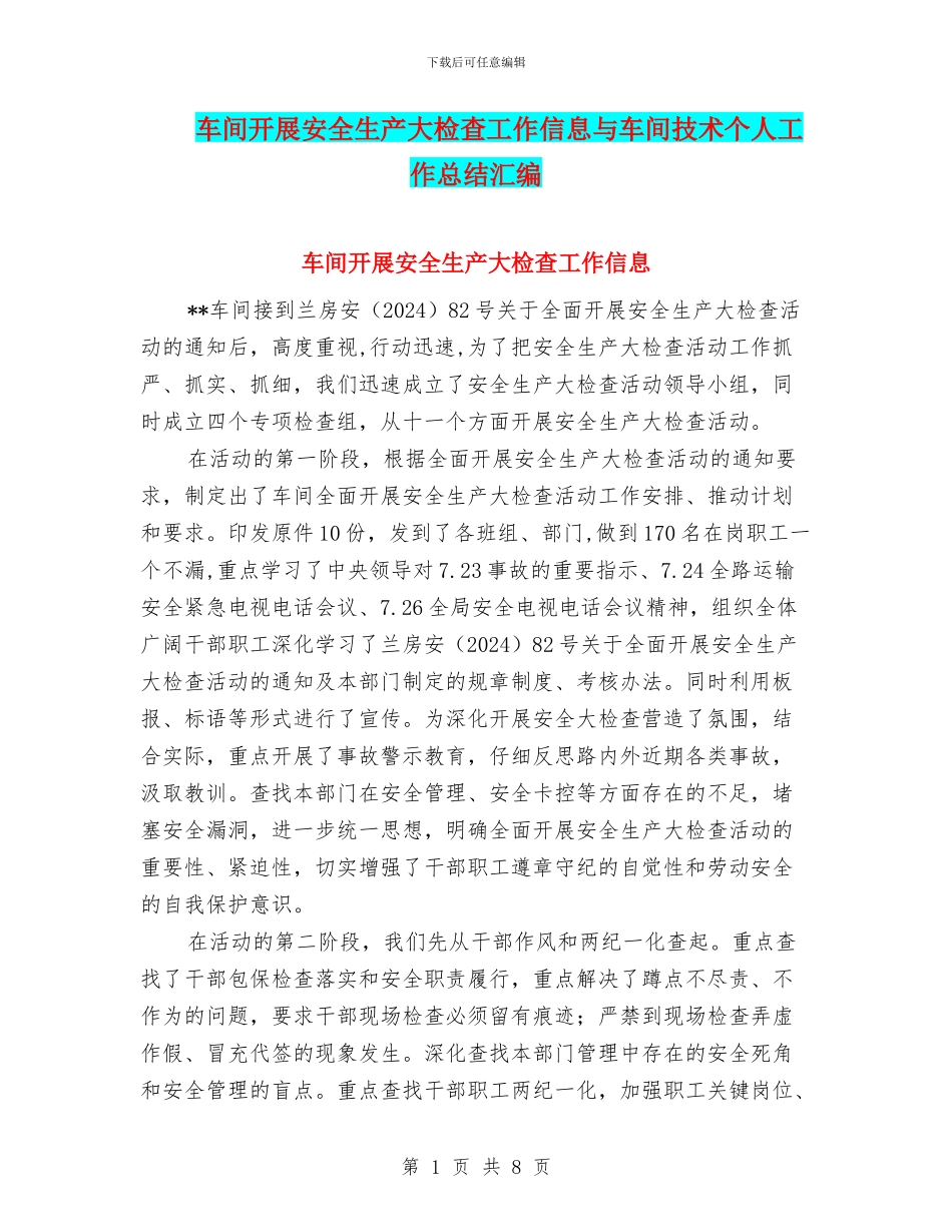 车间开展安全生产大检查工作信息与车间技术个人工作总结汇编_第1页