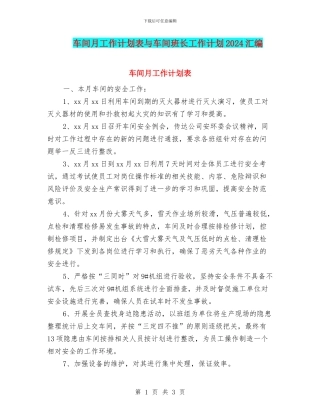 车间月工作计划表与车间班长工作计划2024汇编