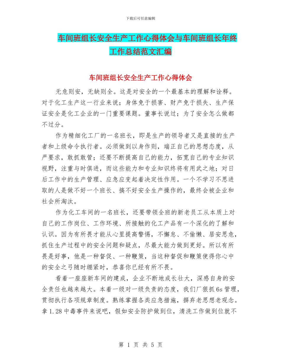 车间班组长安全生产工作心得体会与车间班组长年终工作总结范文汇编_第1页