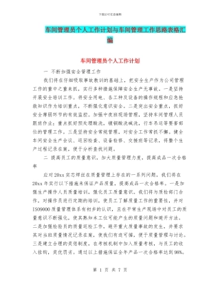 车间管理员个人工作计划与车间管理工作思路表格汇编