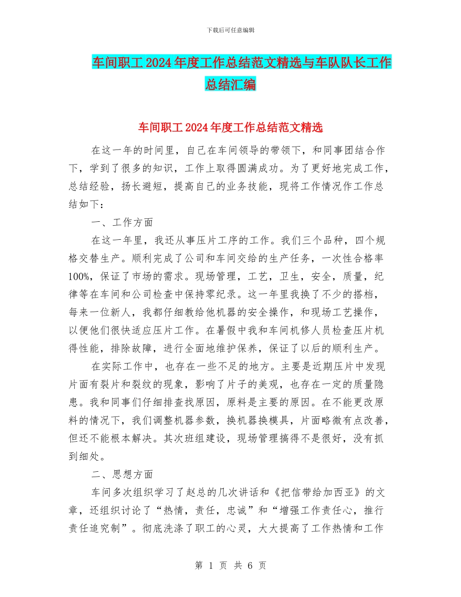车间职工2024年度工作总结范文精选与车队队长工作总结汇编_第1页