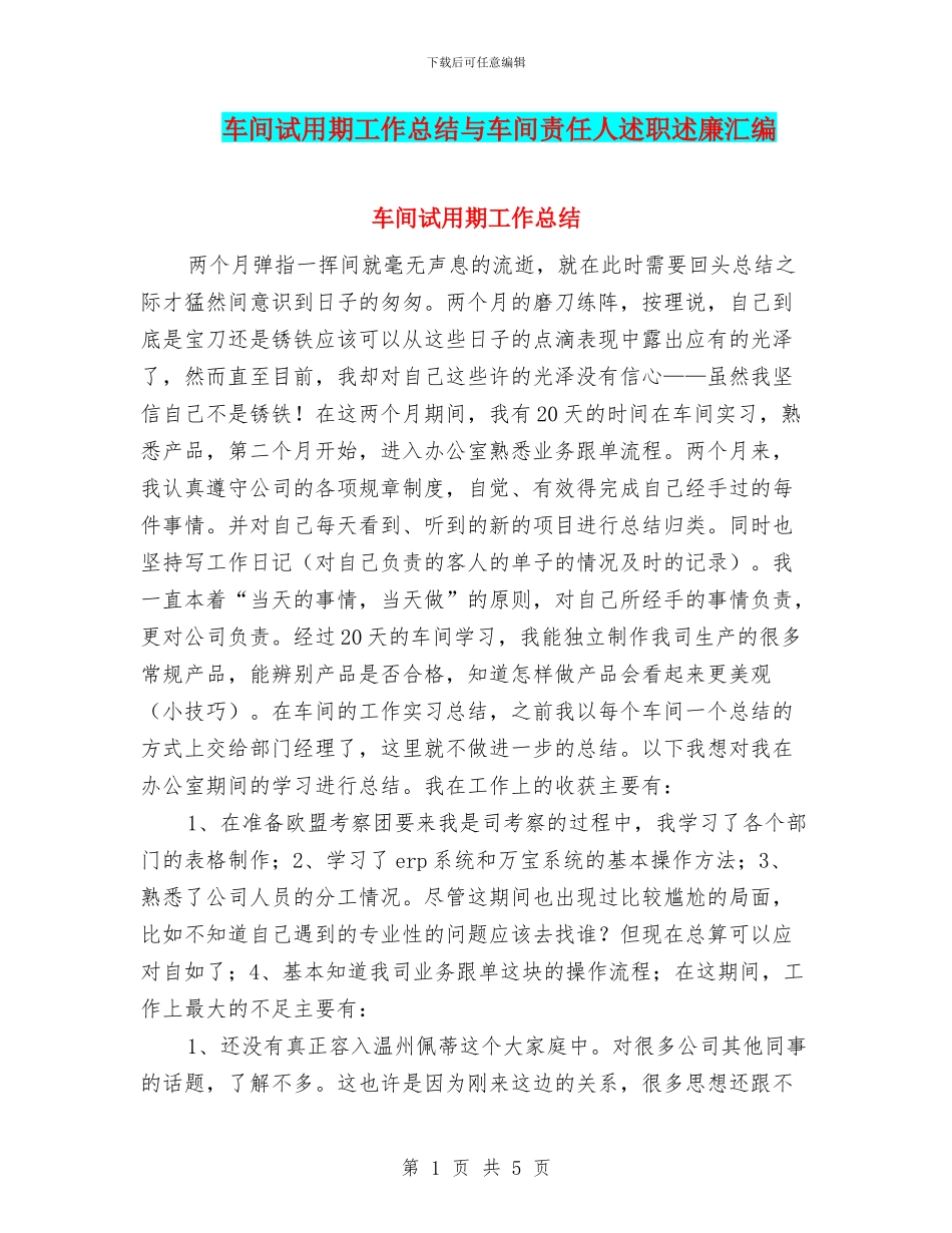 车间试用期工作总结与车间责任人述职述廉汇编_第1页