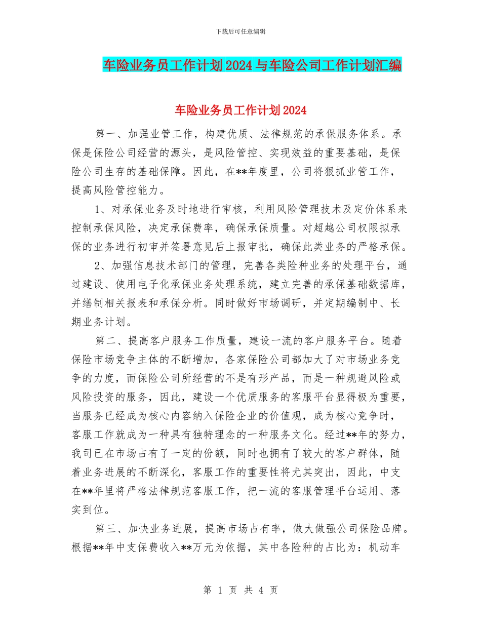 车险业务员工作计划2024与车险公司工作计划汇编_第1页