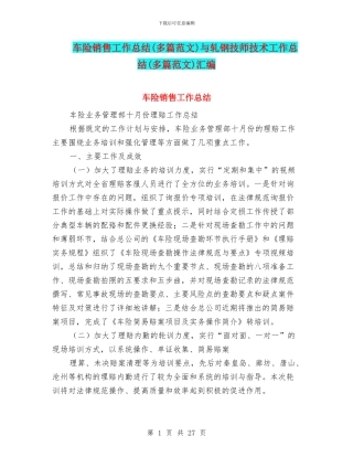 车险销售工作总结与轧钢技师技术工作总结(多篇范文)汇编