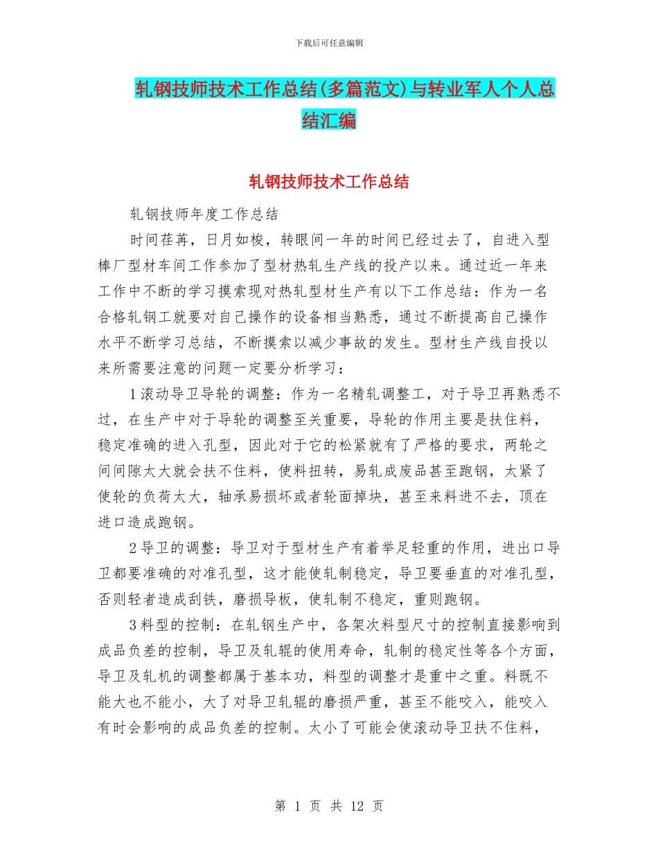 轧钢技师技术工作总结与转业军人个人总结汇编_第1页