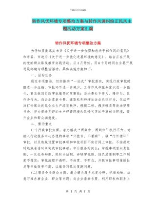 转作风优环境专项整治方案与转作风调纠纷正民风主题活动方案汇编