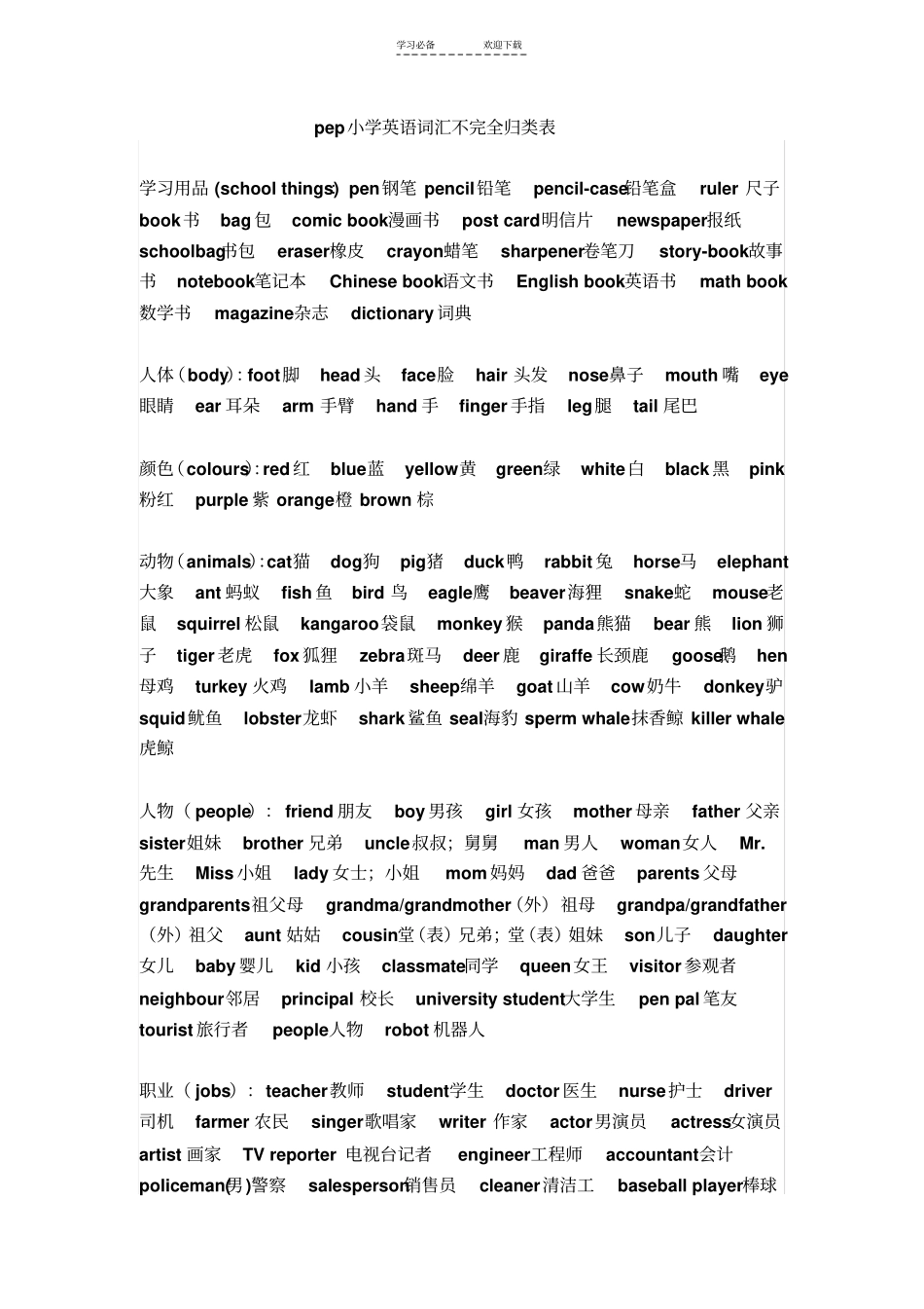 小学英语词语不完成归类表_第1页