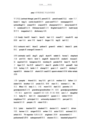 小学英语词语不完成归类表