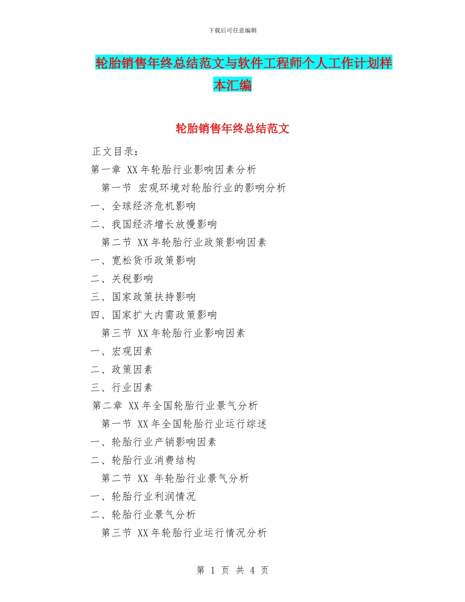 轮胎销售年终总结范文与软件工程师个人工作计划样本汇编_第1页