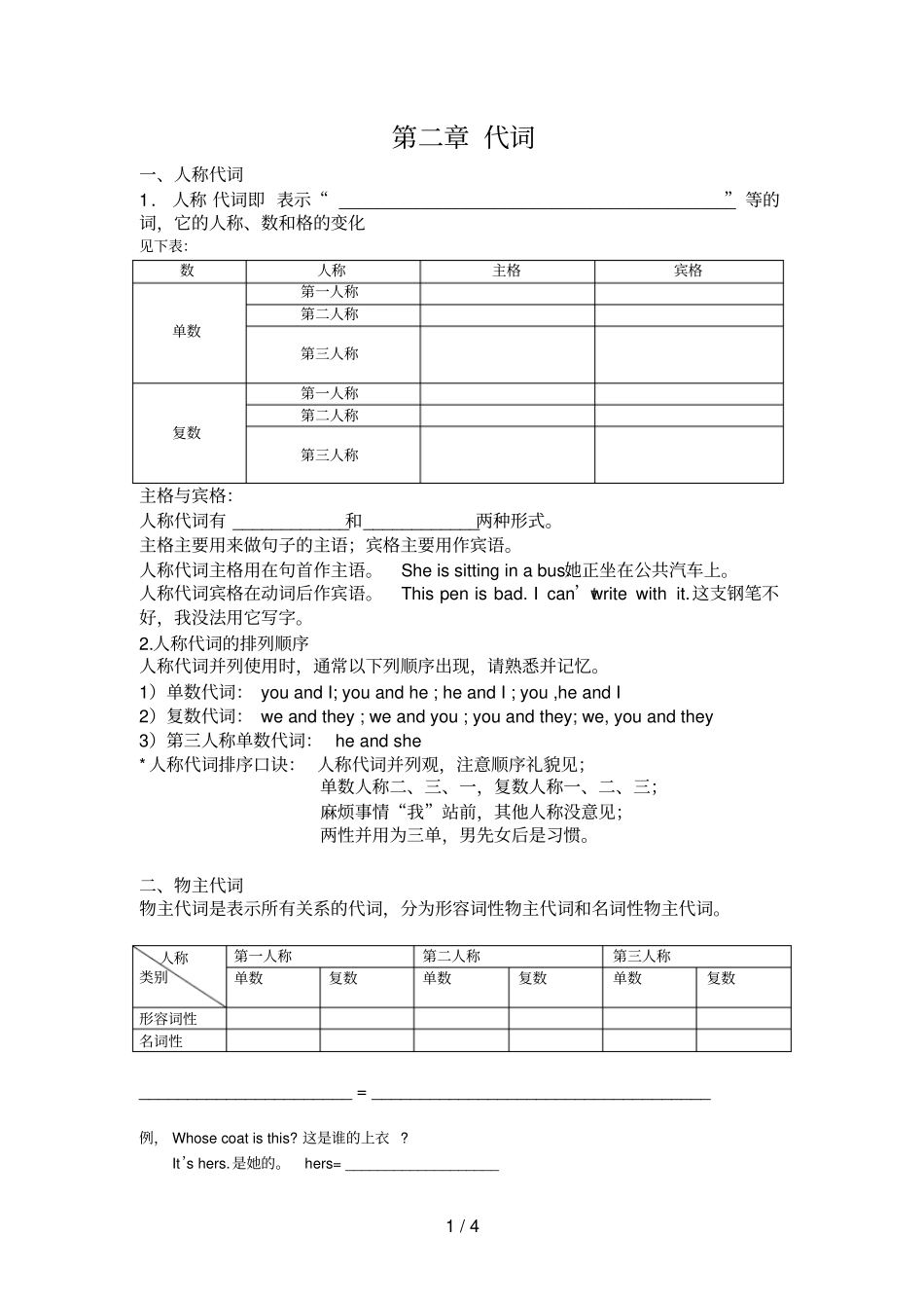 小学英语语法代词的用法及练习题_第1页