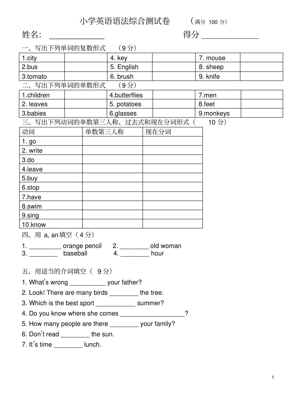 小学英语语法测试卷_第1页