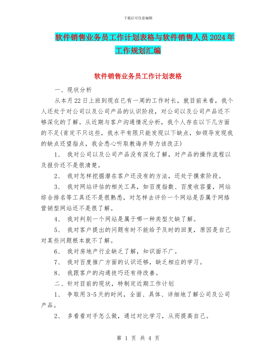 软件销售业务员工作计划表格与软件销售人员2024年工作规划汇编_第1页