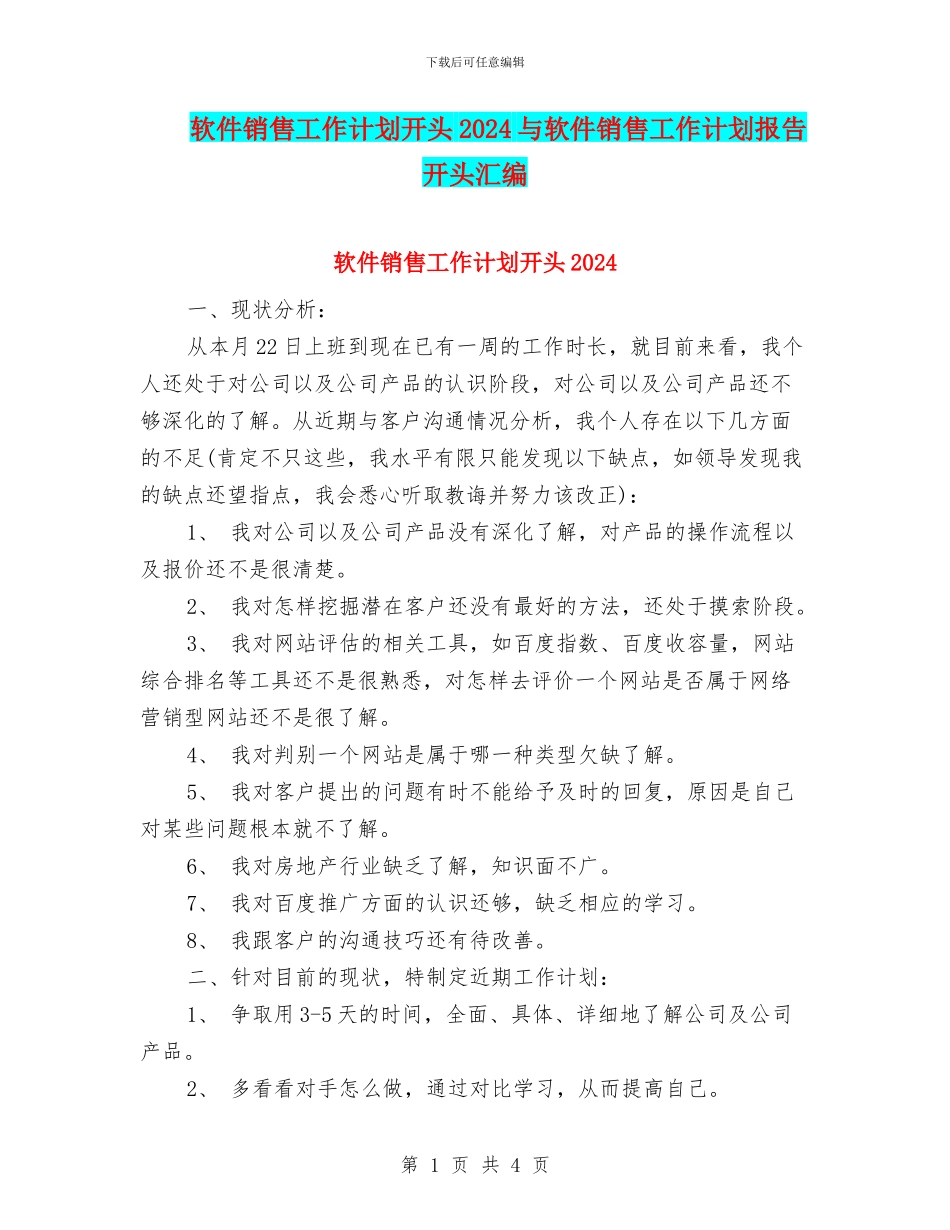 软件销售工作计划开头2024与软件销售工作计划报告开头汇编_第1页