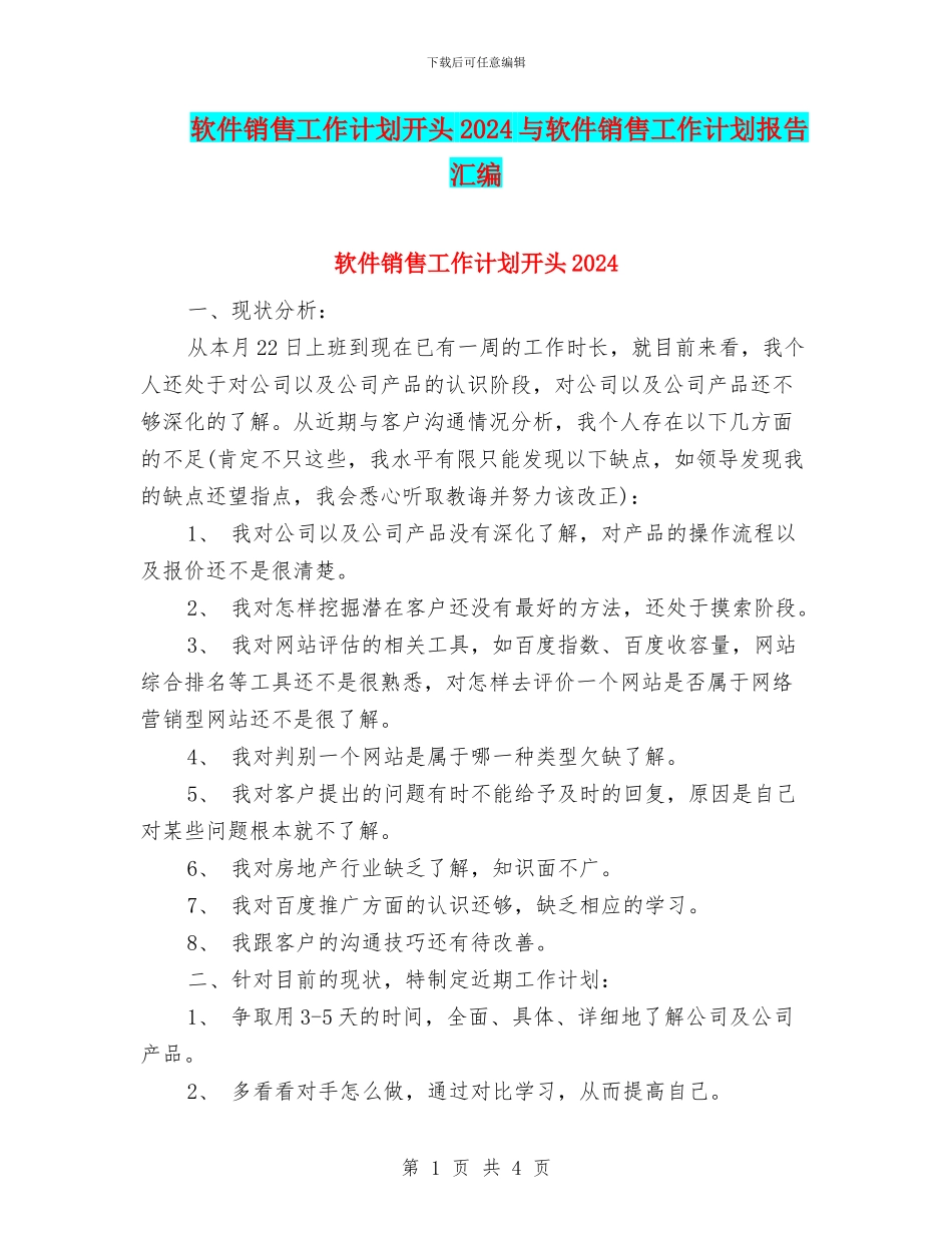 软件销售工作计划开头2024与软件销售工作计划报告汇编_第1页