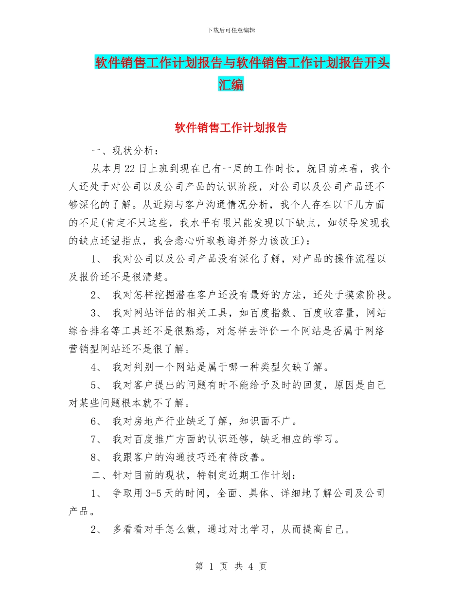 软件销售工作计划报告与软件销售工作计划报告开头汇编_第1页