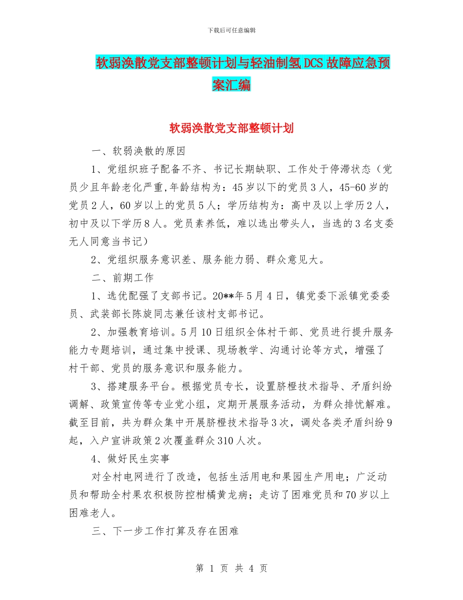软弱涣散党支部整顿计划与轻油制氢DCS故障应急预案汇编_第1页