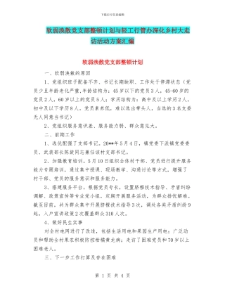 软弱涣散党支部整顿计划与轻工行管办深化乡村大走访活动方案汇编
