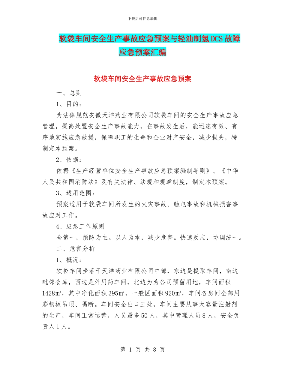 软袋车间安全生产事故应急预案与轻油制氢DCS故障应急预案汇编_第1页